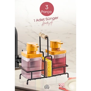 Grimor Life Metal Standlı Ahşap Detaylı Sıvı Sabunluk Fırçalık Seti - Sabunluk Fırçalık Mutfak Seti - Şeffaf