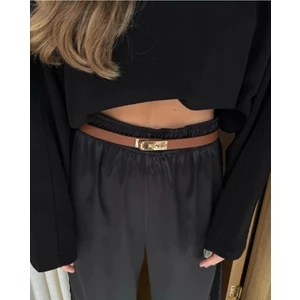 Gold Kilit Tokalı Dikişli Kemer 2cm Taba