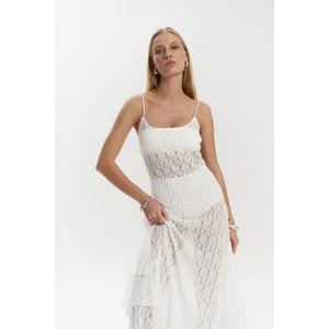 Mai Collection Eli Dantelli Ekru Uzun Elbise