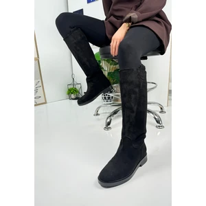 Günlük Kadın Diz Altı Çizme Alçak Topuklu Tırtıklı Tabanlı Oval Burunlu Kürklü Astarlı Sade Rahat 1050