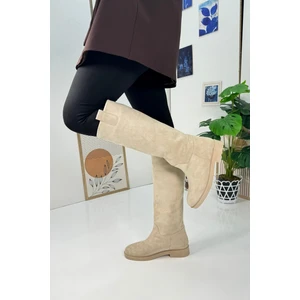 Günlük Kadın Diz Altı Çizme Alçak Topuklu Tırtıklı Tabanlı Oval Burunlu Kürklü Astarlı Sade Rahat 1050