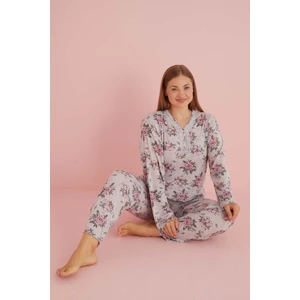 Kadın Büyük Beden Yakası Dantelli Uzun Kollu Bambu Pijama Takımı