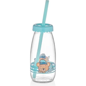 Melkan Home Pipetli Cam Şişe, Çocuk Şişesi, Sevimli Ayıcık Desenli Pipetli Cam Şişe - 250 ml Turkuaz