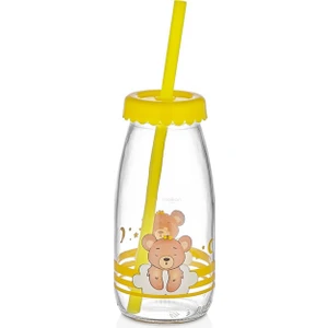 Melkan Home Pipetli Cam Şişe, Çocuk Şişesi, Sevimli Ayıcık Desenli Pipetli Cam Şişe 1 Adet - 250 ml - Sarı