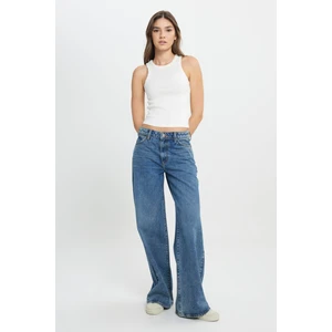 Wide Leg Yüksek Bel Geniş Paça %100 Pamuk Mavi Jean Denim Pantolon