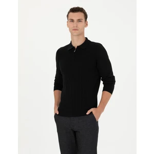 Pierre Cardin Erkek Siyah Slim Fit Fermuarlı Polo Yaka Triko Kazak 50278088-VR046