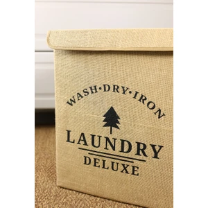Laundry Baskılı Kapaklı Jüt Çamaşır Kirli Kıyafet Kutusu Büyük Boy 30 x 40 x 50