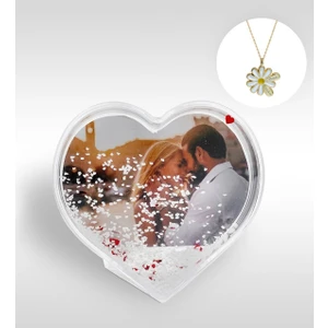 Kişiye Özel Fotoğraflı Kalp Kar Küresi ve Çift Isimli Papatya Kolye-1