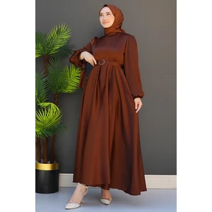 Saten Kemerli Elbise Kahve