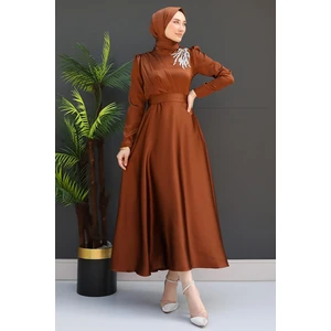 Omzu Taşlı Saten Abiye Kahve