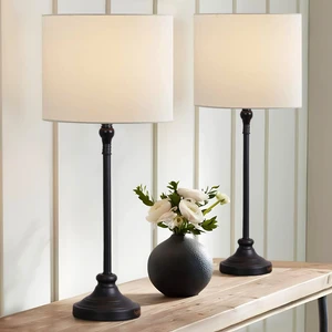 Club 2'li Metal Gövdeli Kumaş Başlıklı Ekru-Siyah Abajur Seti – Yatak Odası ve Modern Ev Dekorasyonu