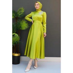 Omzu Taşlı Saten Abiye Yağ Yeşil