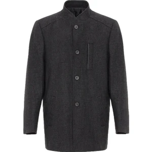 Bol Kesim Yünlü Armür Desenli Gri Erkek Kaban