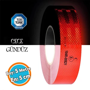 Tüvtürk Onaylı Bant Belgeli Reflektörlü Reflektif Fosforlu Şerit Bant Ikaz Bandıkırmızı 5 Metre 5 cm