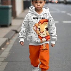 Kids Face Özel Tasarım Kapüşonlu Yavru Aslan Baskılı Şardonlu Kışlık Erkek Çocuk Eşofman Takımı
