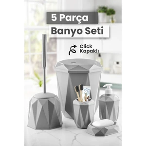 5 Parça Vanity Klik Kapaklı Banyo Seti - Dekoratif Çöp Kovası Diş Fırçalık Sabunluk Fırça Seti
