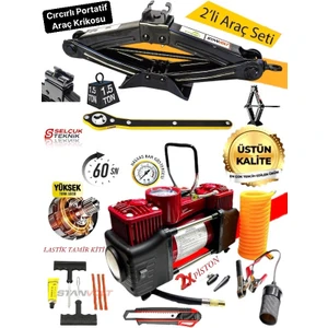 Oto Lastik Şişirme Çift Silindirli Hava Kompresörü+Kriko Cırcır Kollu 1,5 Ton Set