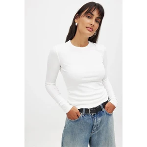 Kadın Beyaz Uzun Kollu Bisiklet Yaka T-shirt Bluz Kaşkorse Fitilli