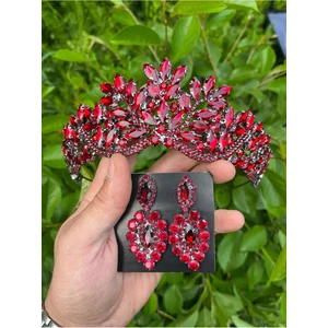 Bordo Kristal Taşlı Gelin Tacı ve Küpesi