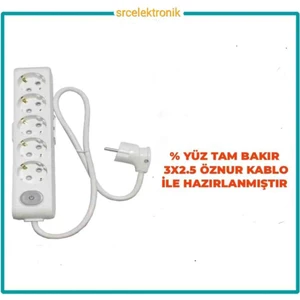 Multi-Let 5 Li 3x2.5 Öznur Kablo Tam Bakır (1 ile 15 Metre Arası) Anahtarlı Topraklı Çocuk Korumalı Uzatma Grup Priz ( 3x2.5 Ttr Öznur Kablo Tam Bakır) Ttr Kablo Tseli HO5VV;