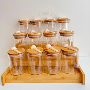 Yeninesilevim 4lü 300 Ml+4lü 250 Ml+4lü 200 ml Vakumlu Yuvarlak Cam Kaşıklı Kavanoz ve 3 Katlı Bambu Stand