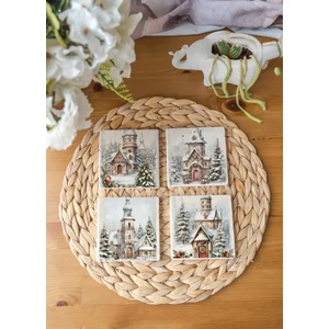 Arslat Atölye Yılbaşı Evleri Temalı Bardak Altlığı 4’lü Set Doğal Taş Traverten (10X10 Cm)