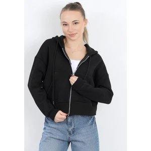 Kadın Tam Fermuarlı Kapüşonlu Cepli Kısa Oversize Sweatshirt Siyah - 2503