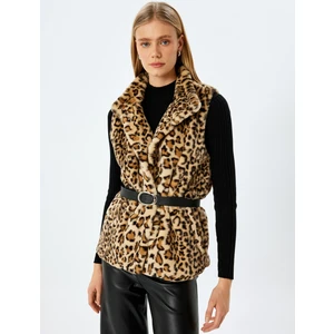 Kolsuz Leopar Desenli Suni Kürk Yelek