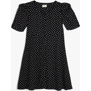 Puantiyeli Elbise Balon Kollu Düğme Kapamalı Viskon Kumaş