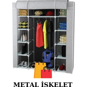 Beyaz Pazar Bez Dolap Metal Profil 12 Raf + 60 cm. Metal Askılık GRİ