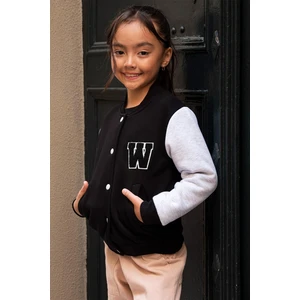 W Nakışlı Kız Çocuk Siyah Bomber Kolej Ceket