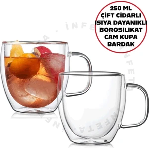 Çift Camlı Çift Cidarlı Cam Kupa 250 ml Ev Ofis Fincanı Çift Katlı Isı Yalıtımlı Kulplu Cam Bardak