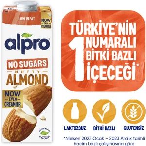 Şekersiz Badem Sütü 1 L Vegan Laktozsuz Bitkisel Bazlı