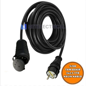 Kauçuk Tekli Topraklı Ara Uzatma Kablosu 1 Metre 3x2,5 Mm² Ttr Kalın Siyah Kablolu
