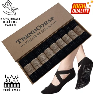 Premium Kadın Kaydırmaz Silikon Baskı Tabanlı Pilates Yoga Fitness Bale Dans Aktivite Çorabı 9'lu