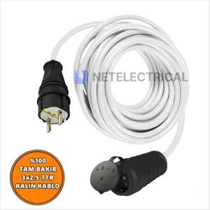Kauçuk Tekli Topraklı Ara Uzatma Kablosu 1 Metre 3x2,5 Mm² Ttr Kalın Beyaz Kablolu