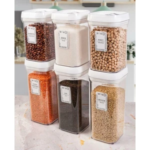 6lı Kare 1,1 Lt +1,5 Lt Erzak Bakliyat Saklama Kabı Baharatlık Seti-Beyaz-25 Adet Etiketli
