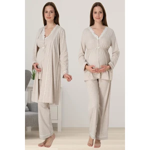Bej Sabahlıklı Hamile Lohusa Pijama Takımı