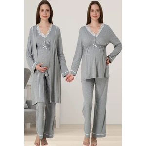Gri Melanj Sabahlıklı Hamile Lohusa Pijama Takımı