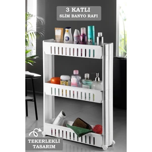 Fiore 3 Katlı Tekerlekli Banyo Düzenleyici Raf Ünitesi – Çok Amaçlı Dikdörtgen Slim Banyo Organizer