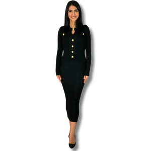 Kadın Uzun Kol Düğme Detaylı Triko Ceketli Elbise Takım (Siyah)