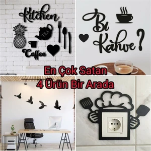 Kitchen 9 Parça + Mutfak Priz + Bi Kahve + 4'lü Kuş Duvar Dekoru 4 Ürün 1 Arada