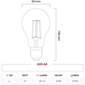 A60 Standart Tip Flamanlı Rustik LED Ampul 4 Watt  3 Adet