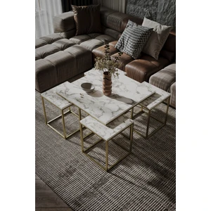 Home Plus Mobilya 4+1 Gold Kaplama Beyaz Mermer Desen Orta Sehpa 