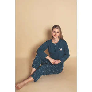 Kadın Yakası Düğmeli Mevsimlik Bambu Uzun Kollu Pijama Takımı