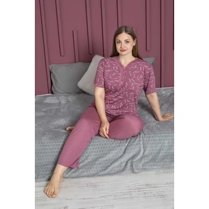 Kadın Büyük Beden Desenli Yakası Dantelli Düğmeli Kısa Kollu Bambu Pijama Takımı