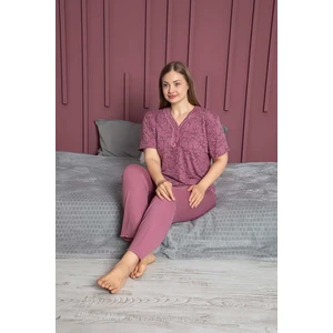 Kadın Büyük Beden Desenli Yakası Dantelli Düğmeli Kısa Kollu Bambu Pijama Takımı