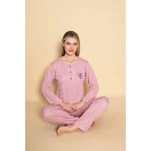 Kadın Yakası Düğmeli Mevsimlik Bambu Uzun Kollu Pijama Takımı