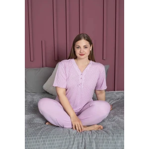 Kadın Büyük Beden Desenli Yakası Dantelli Düğmeli Kısa Kollu Bambu Pijama Takımı