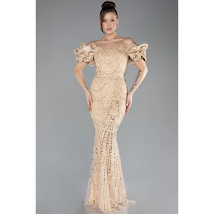 Kısa Kol Boncuklu Uzun Taşlı Balık Abiye Elbise ABU4509